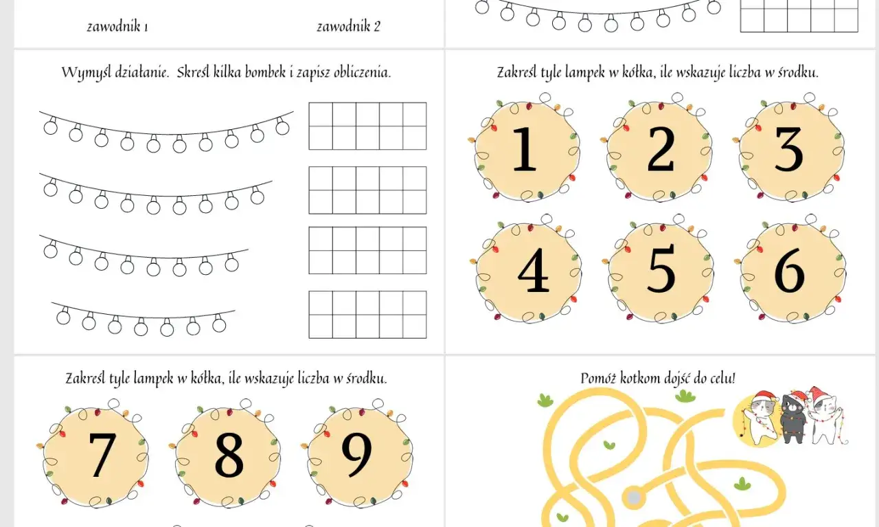 Karta pracy do druku: rewalidacja z zadaniami matematycznymi i labiryntem dla kotków.