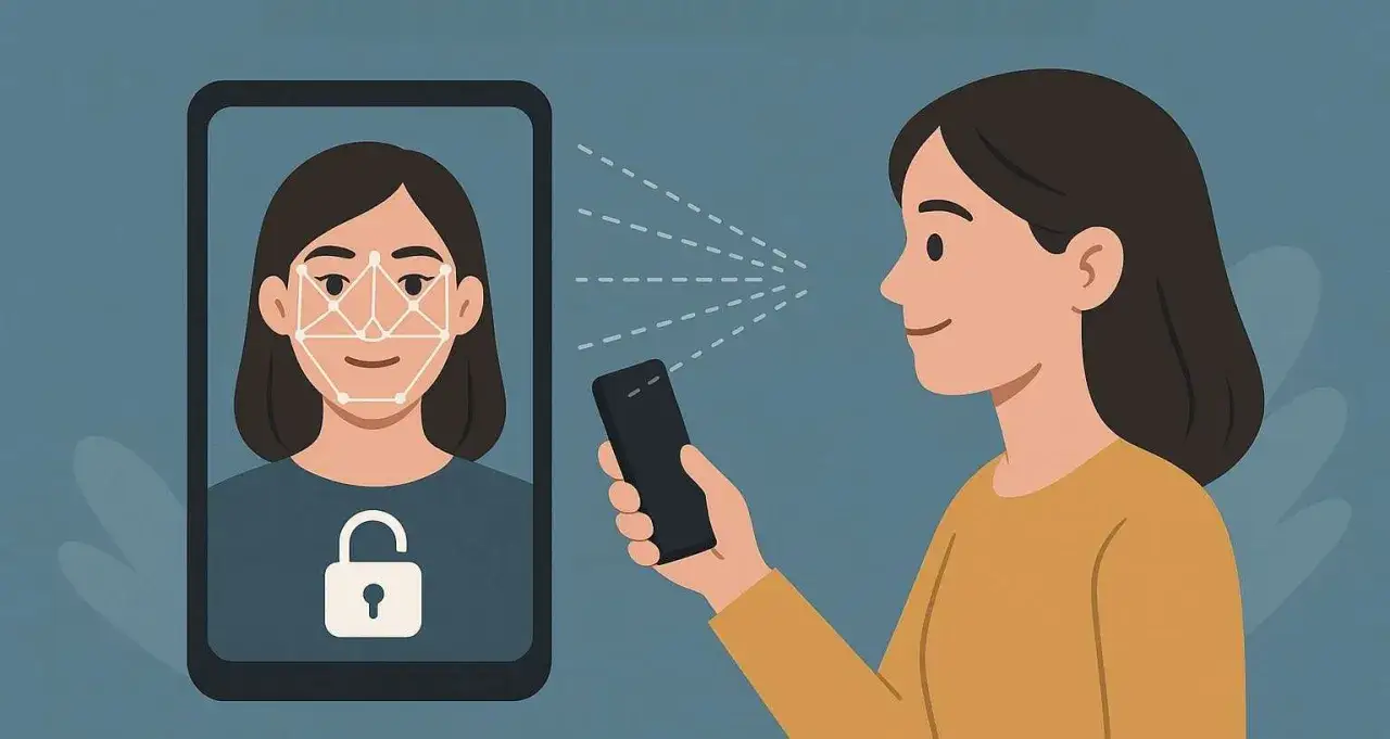 Kobieta trzyma telefon, który skanuje jej twarz, pokazując, jak odblokować telefon przez aparat.