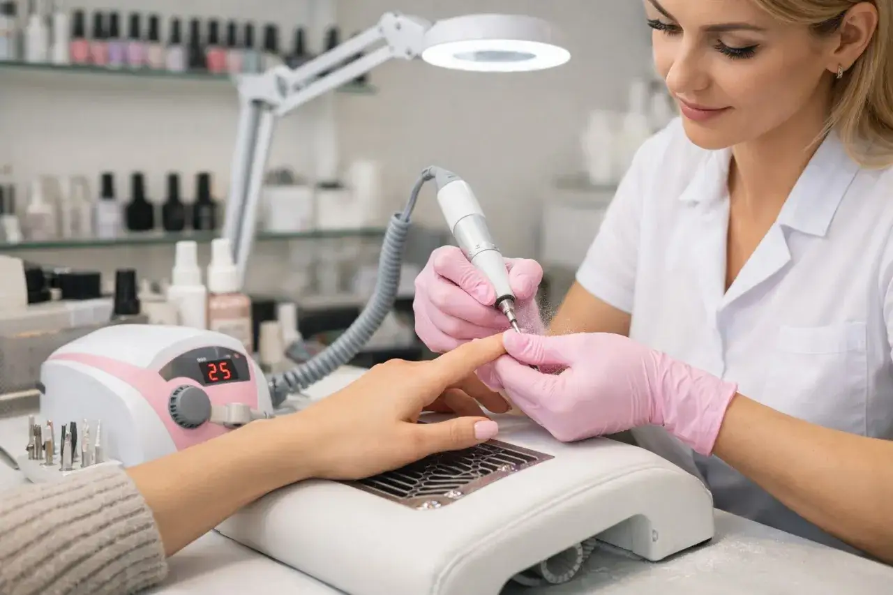 Stylistka w różowych rękawiczkach używa frezarki do paznokci, by nadać im idealny kształt. To pokazuje, jaka frezarka do paznokci jest niezbędna w salonie.
