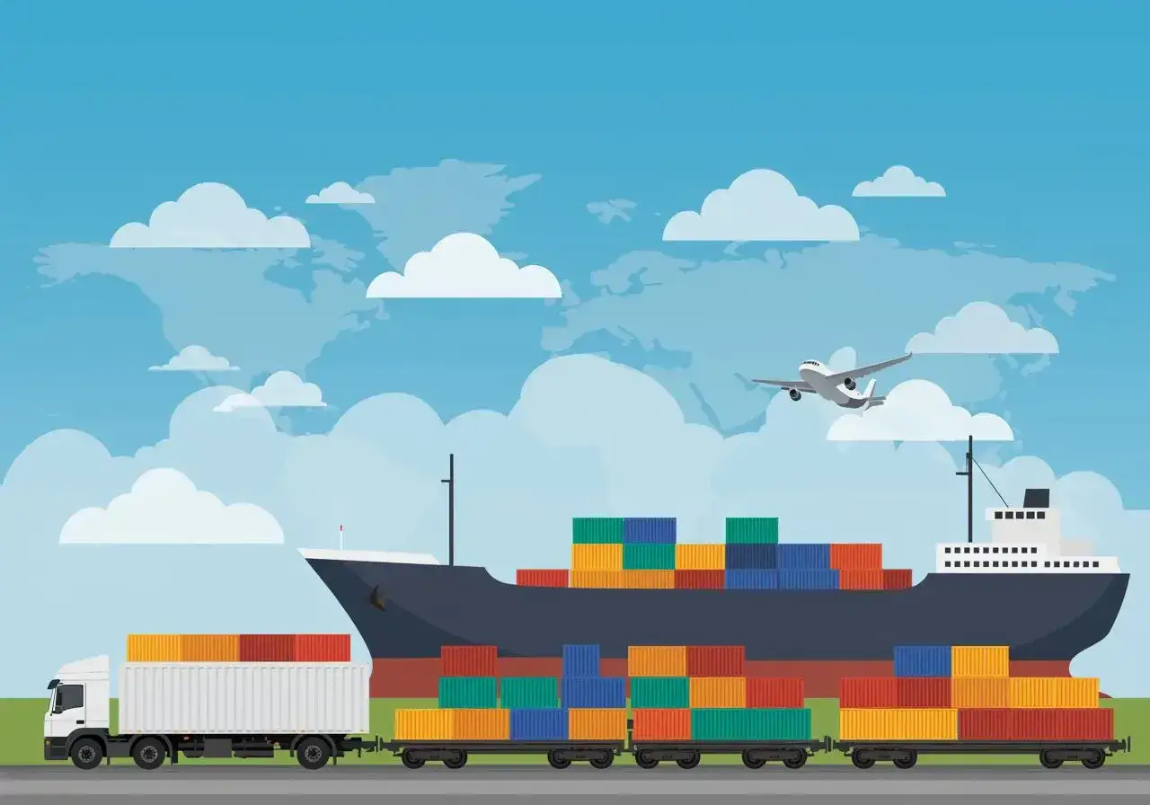 Różne rodzaje transportu towarów: ciężarówka, pociąg, statek, samolot, kontener