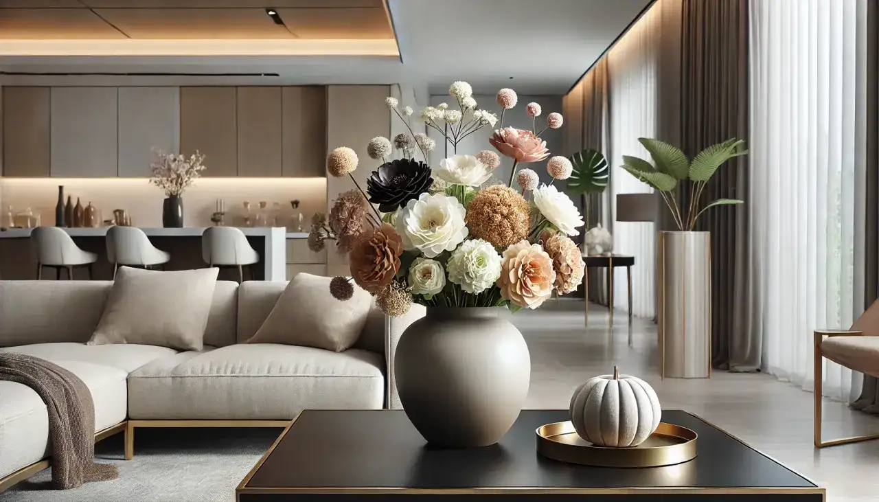 Wazon z kwiatami w stylu formalnym we florystyce, ozdabia nowoczesny salon.