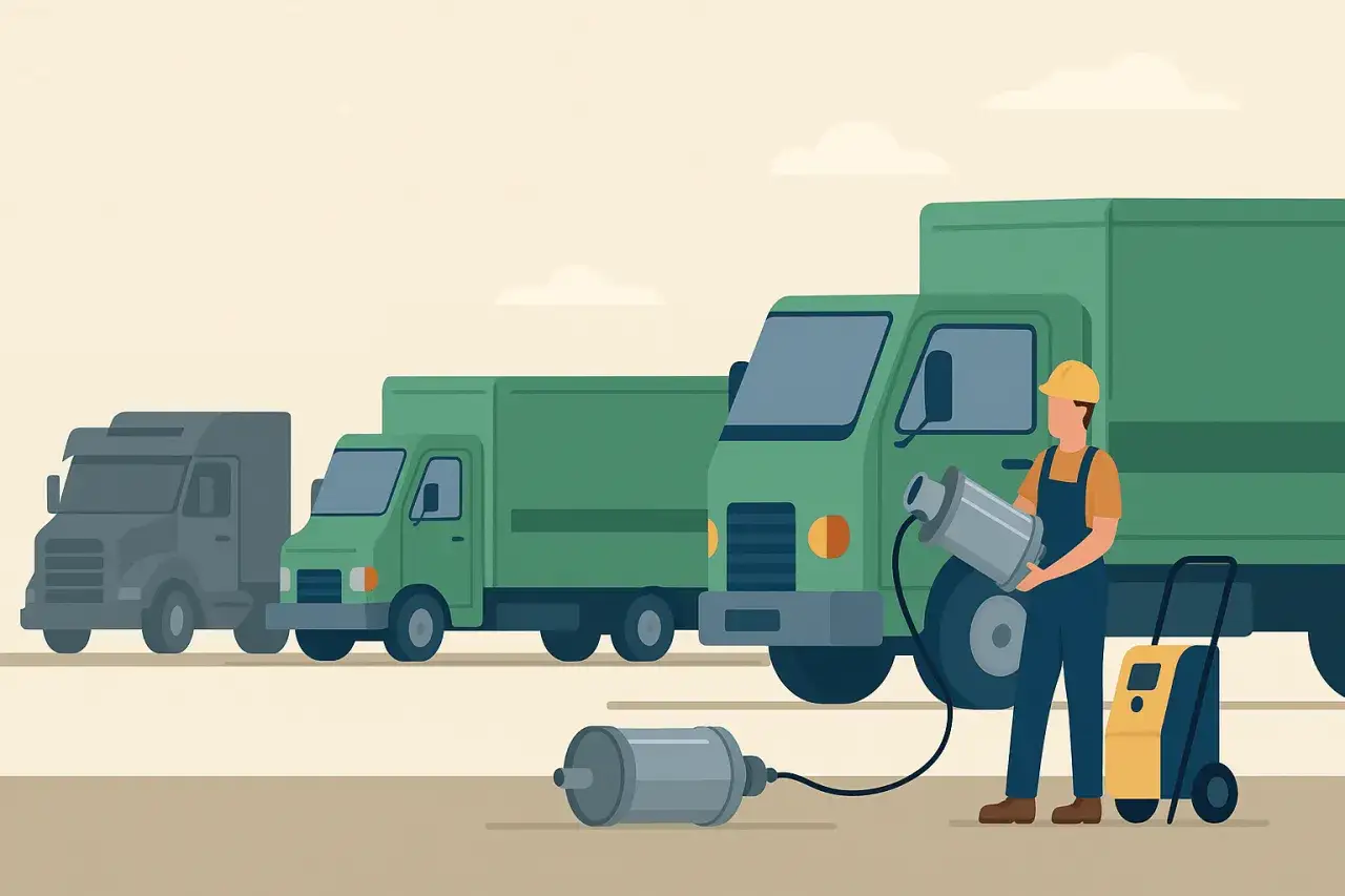 Mechanik z konserwacją zapobiegawczą wymienia filtr w ciężarówce. Obok stoją inne pojazdy.