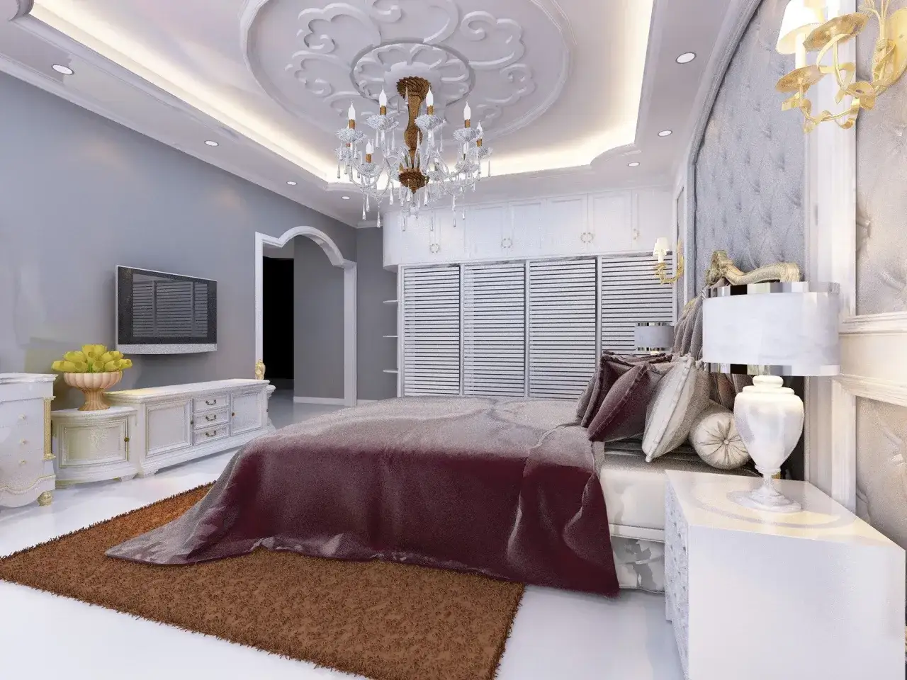 Elegancka sypialnia z dużym ł&oacute;żkiem. Kinkiet przy ł&oacute;żku zamontowany jest na wysokości około 60 cm od materaca, zapewniając komfortowe oświetlenie.