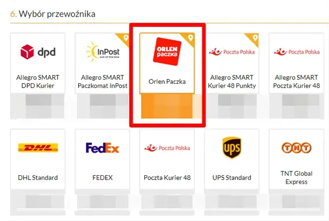 Strona nadania paczki ORLEN Paczka