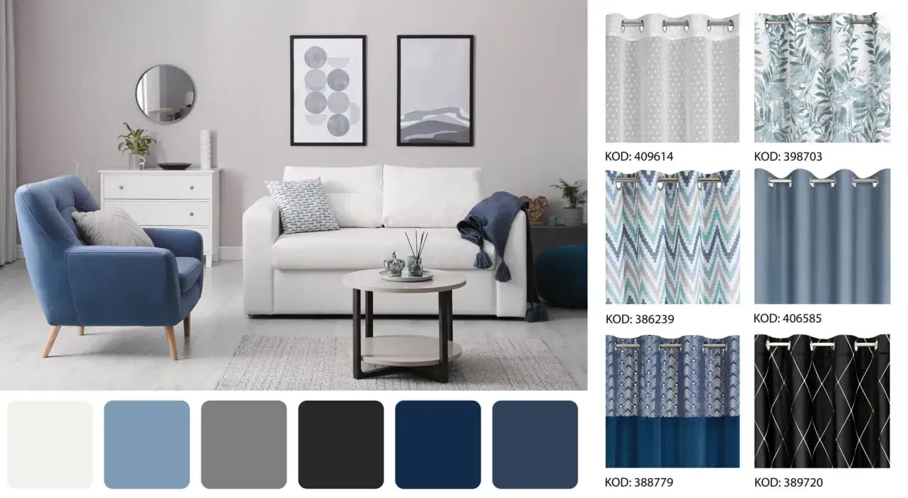 Inspiracje: jakie zasłony do szarej kanapy? Wzory i kolory zasłon pasujące do salonu z niebieskim fotelem i białym narożnikiem.