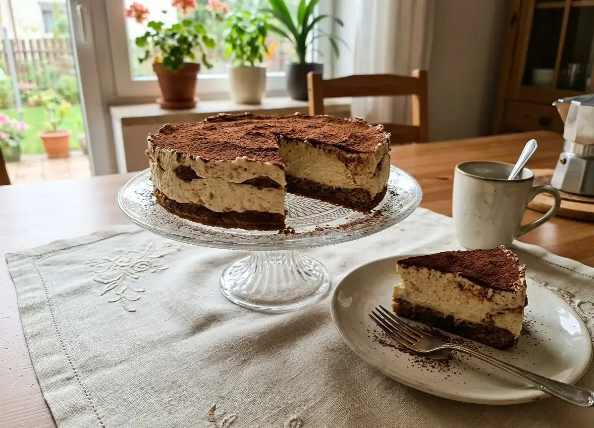 Pyszny sernik tiramisu na paterze, obok kawałek na talerzyku. W tle kubek i kawiarka.