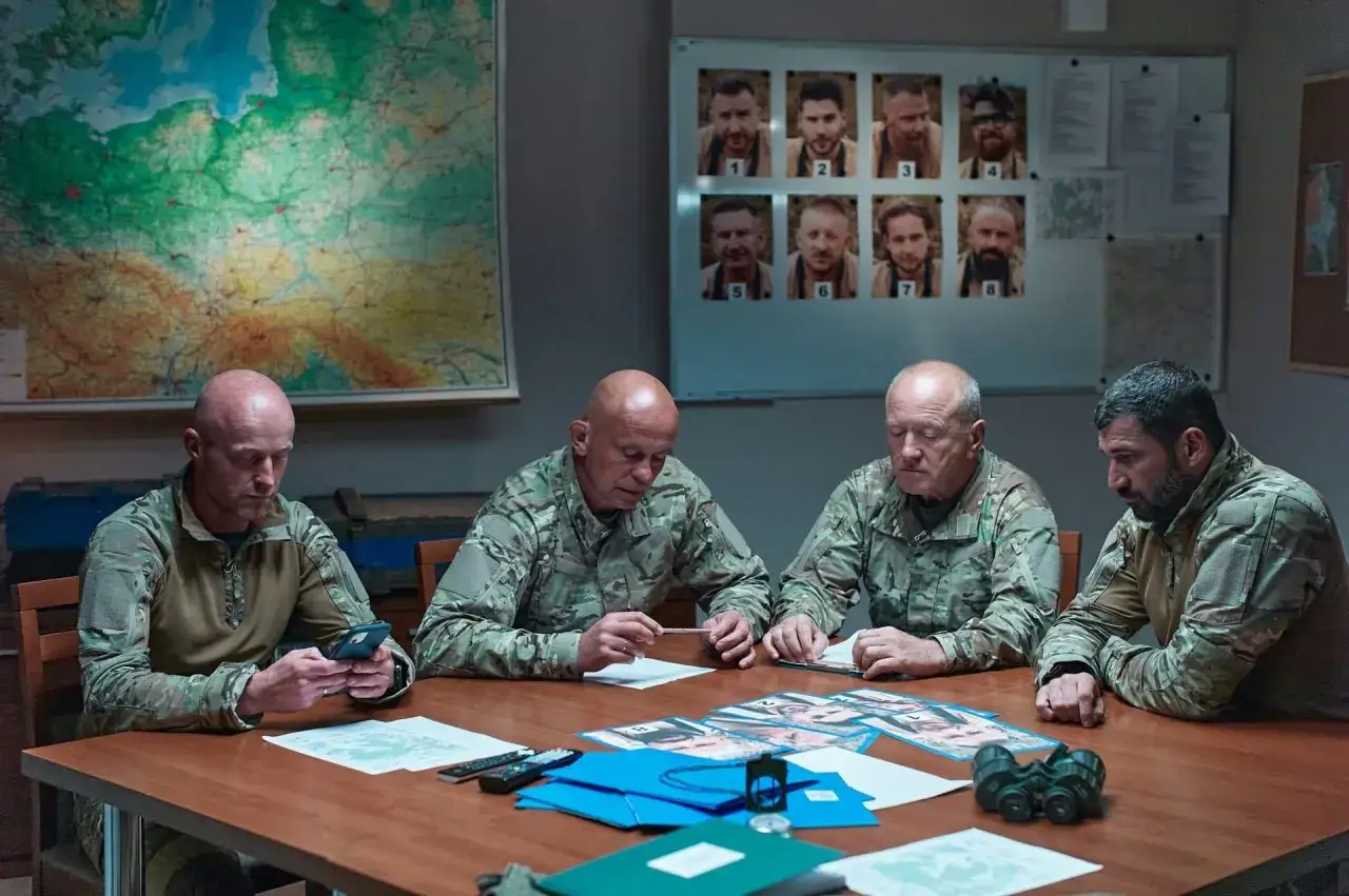 Czterech mężczyzn w mundurach przy stole analizuje mapy i zdjęcia. Na ścianie wiszą portrety os&oacute;b.