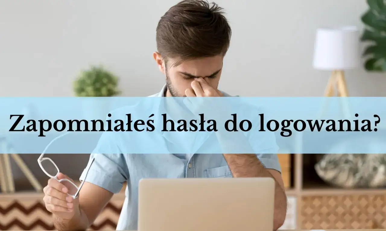 Mężczyzna z okularami w dłoni, masujący czoło, siedzi przed laptopem. Tekst na obrazku: 