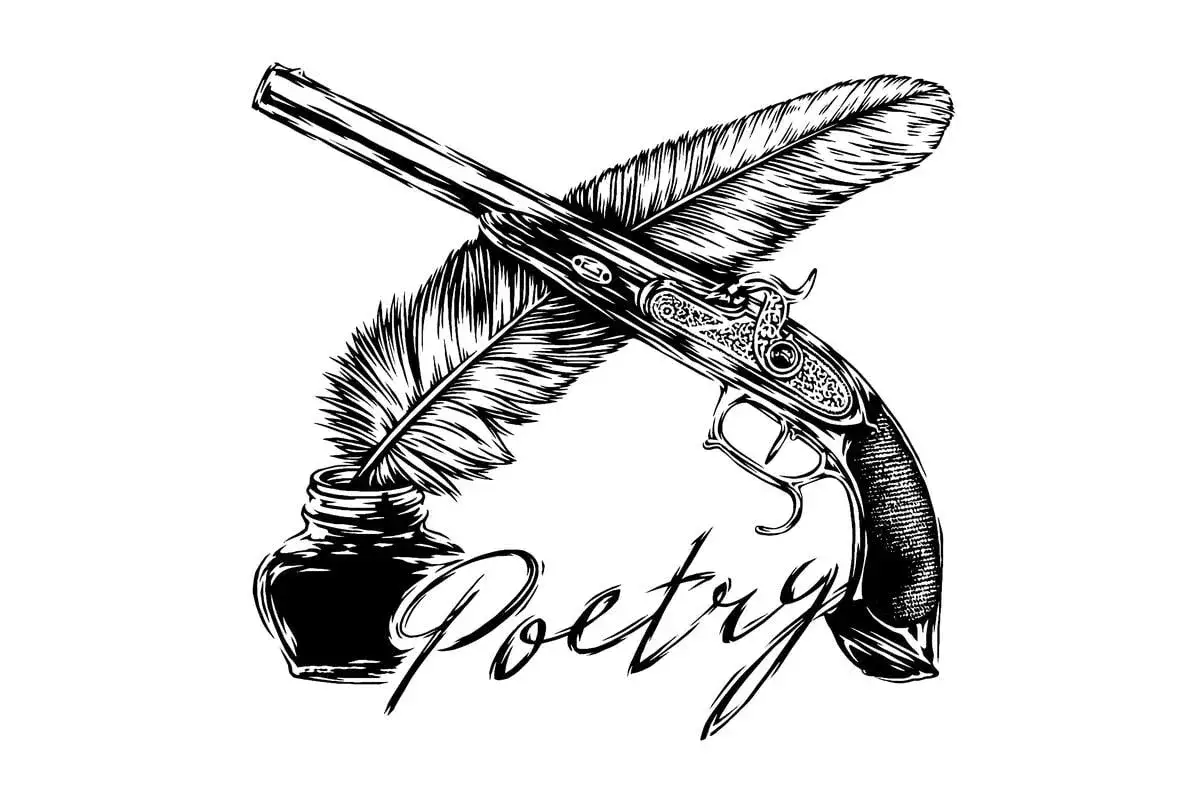 Pi&oacute;ro zanurzone w kałamarzu, skrzyżowane z pistoletem, symbolizuje ludowość w romantyzmie i siłę słowa.