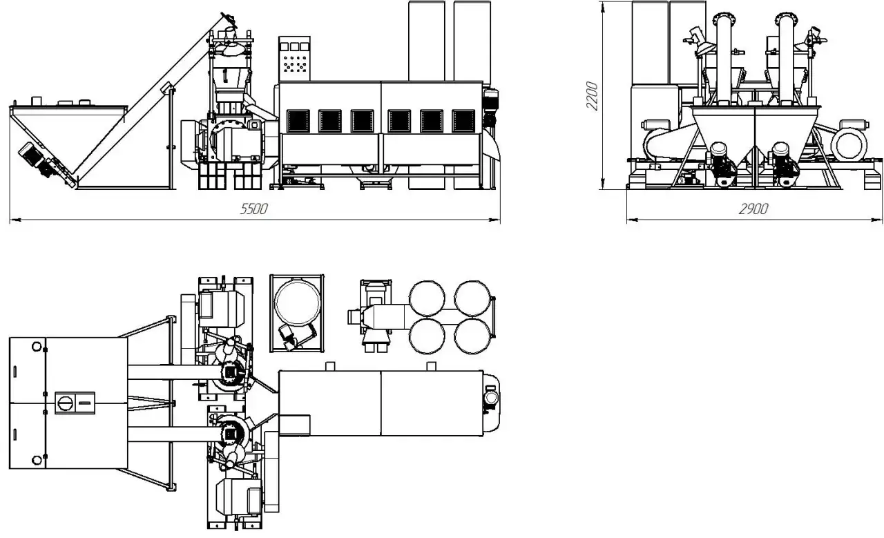 Schematyczny rysunek techniczny przedstawia maszynę do produkcji brykietu. Pokazuje, jak działa brykieciarka, od podajnika po prasę.