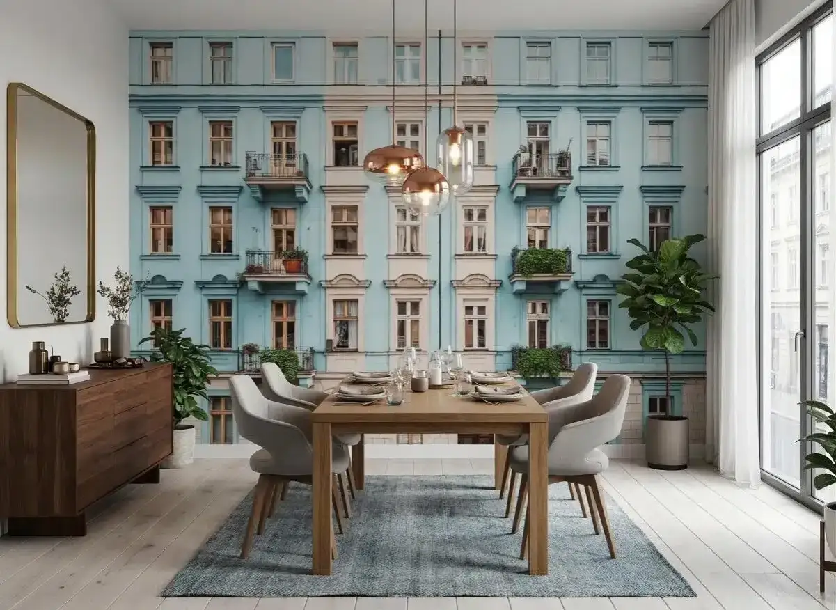 Jaka fototapeta najlepsza? Błękitna kamienica z balkonami tworzy miejski klimat. Idealna do jadalni, dodaje charakteru.