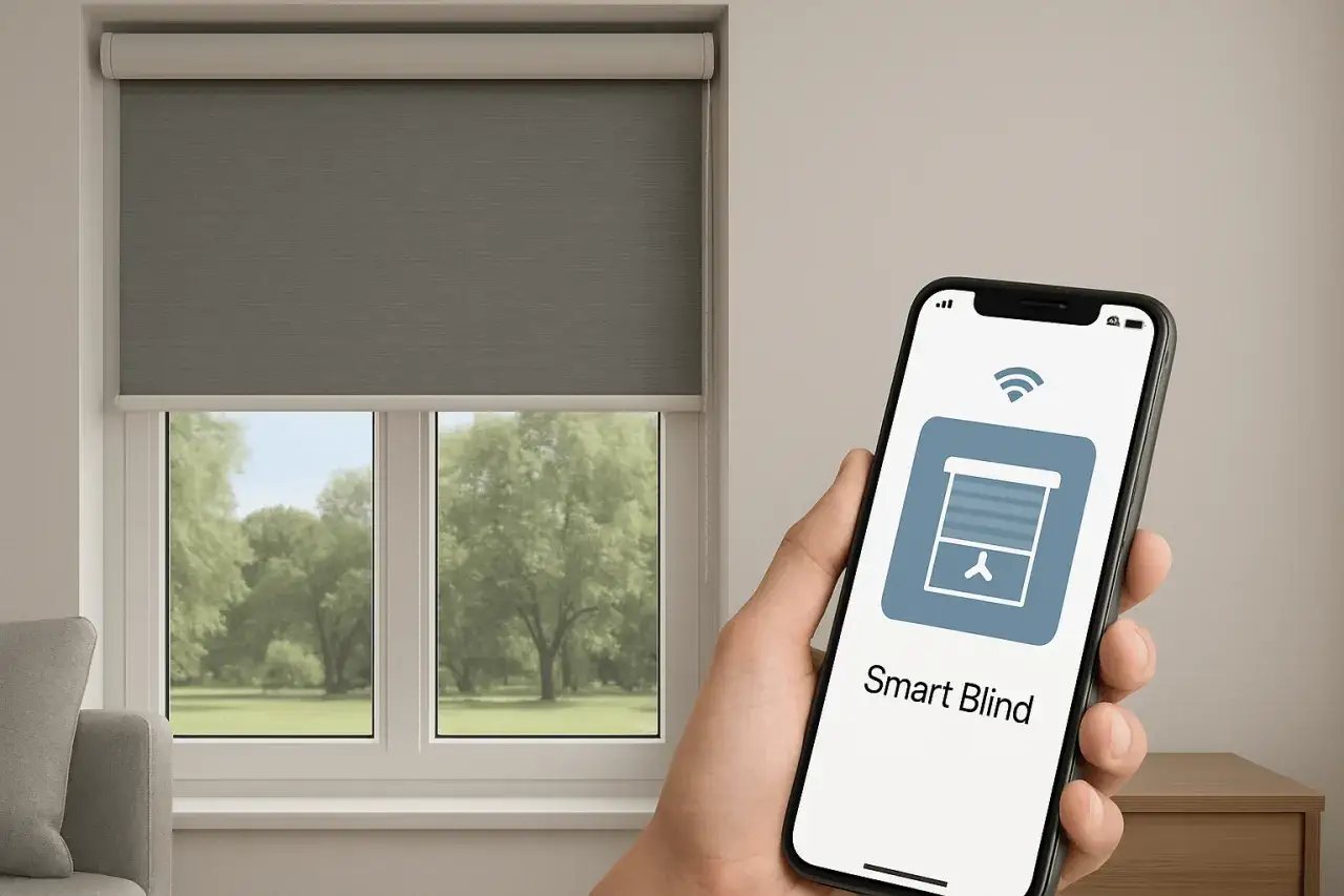 Sterowanie automatyczną roletą wewnętrzną za pomocą smartfona. Widok na okno z zielenią w tle.