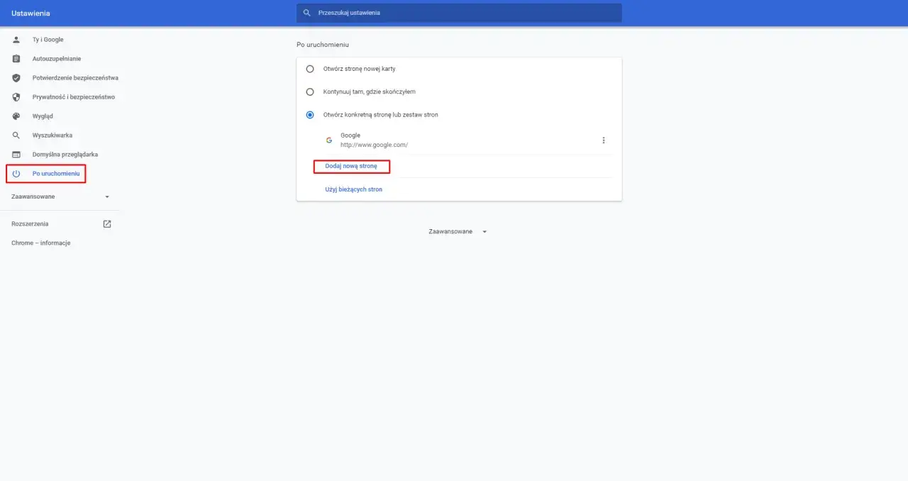 Ustawienia Chrome: 