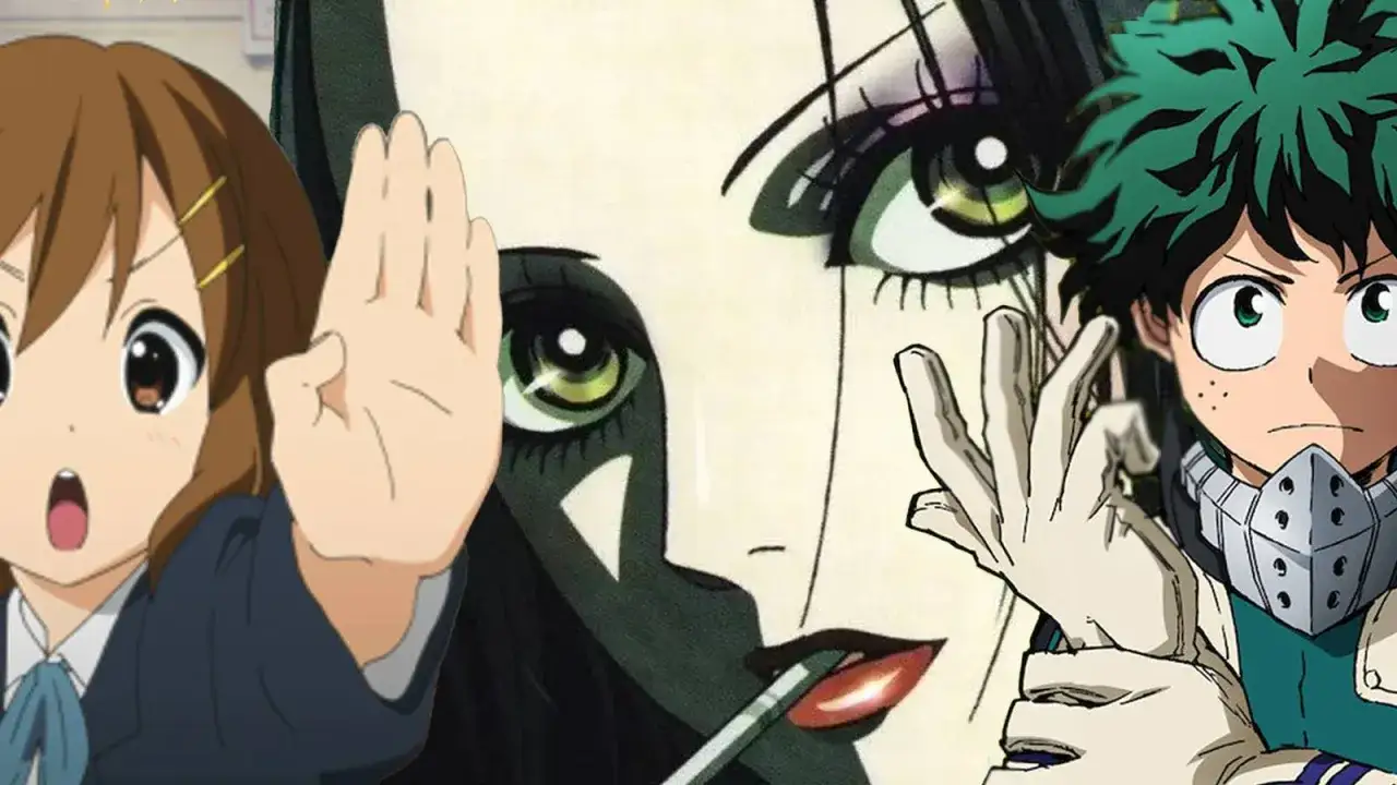 Postacie z japońskiego filmu animowanego: dziewczyna z brązowymi włosami, tajemnicza kobieta i chłopak z zielonymi włosami.