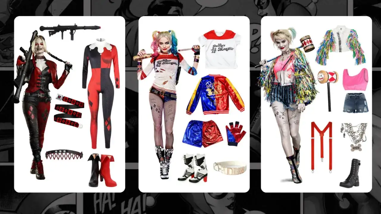 Harley Quinn r&oacute;żne wersje stroju DIY por&oacute;wnanie