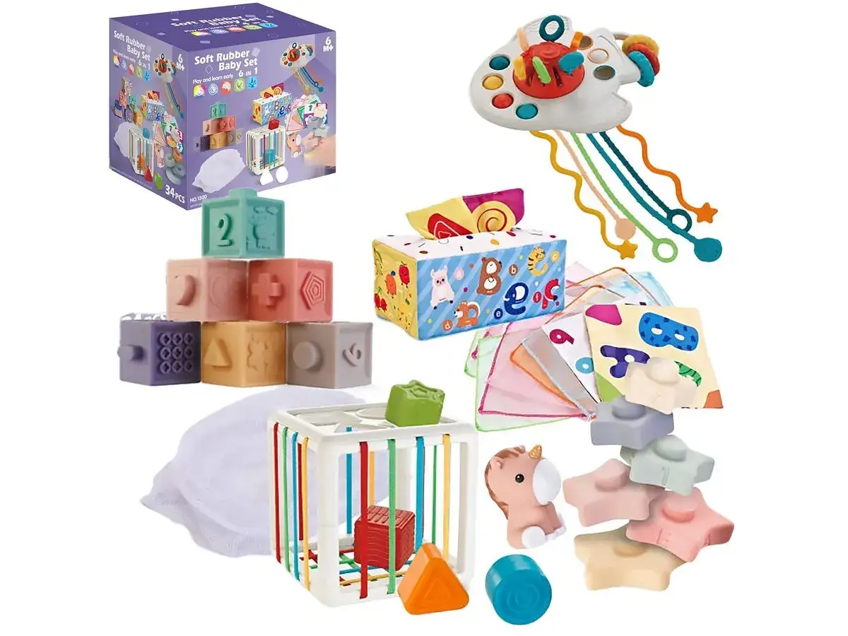 różne rodzaje zabawek sensorycznych dla niemowląt 6m+