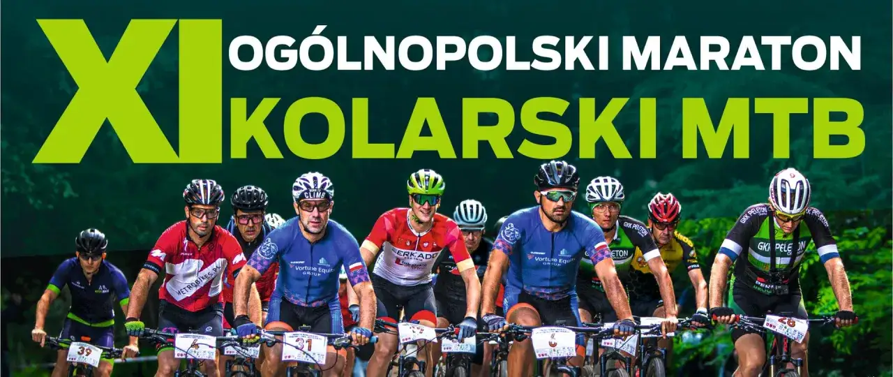 Kolarze w akcji podczas XI Ogólnopolskiego Maratonu Kolarskiego MTB. Wszyscy w kaskach i strojach sportowych, gotowi do rywalizacji.
