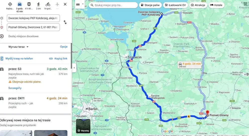 Mapa połączeń kolejowych Kołobrzeg
