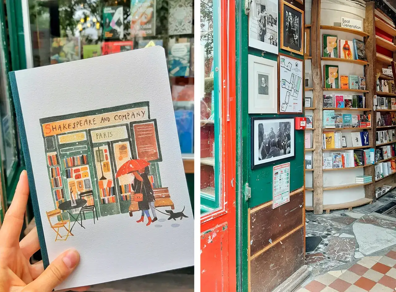 Pamiątki z Paryża: rysunek księgarni Shakespeare and Company i widok wnętrza pełnego książek.