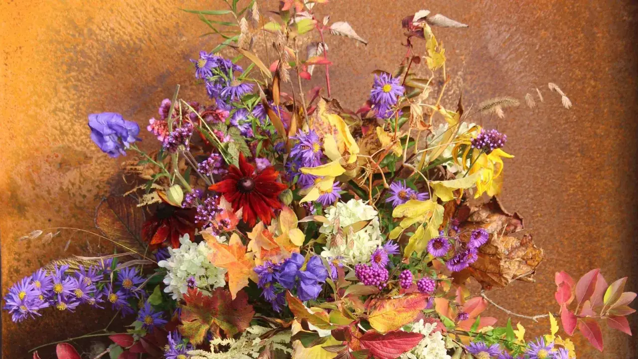 Jesienny bukiet z fioletowymi astrami, czerwonymi rudbekiami i żółtymi liśćmi. Kompozycja florystyczna przypomina koło barw, tworząc bogactwo barw.