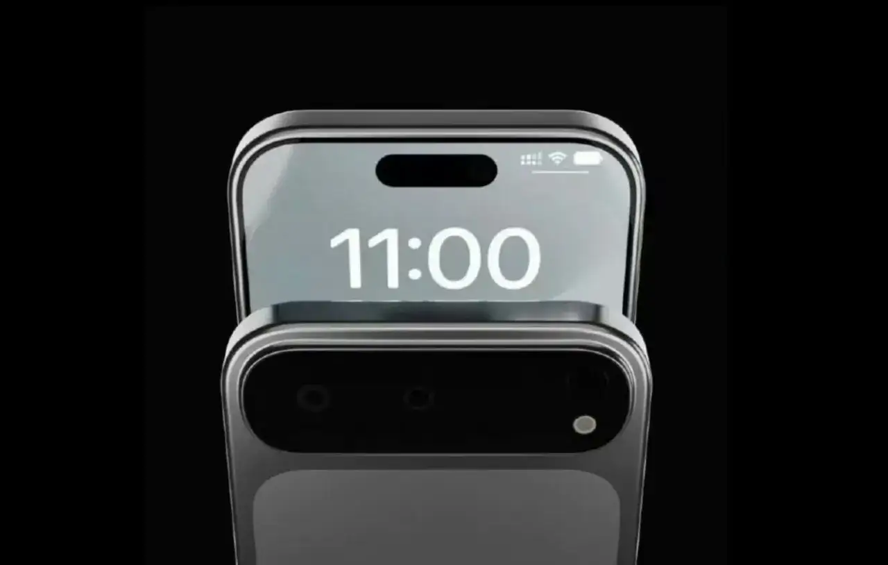 Koncepcyjny iPhone 18 Pro Max w formie klapki, z ekranem pokazującym 11:00.