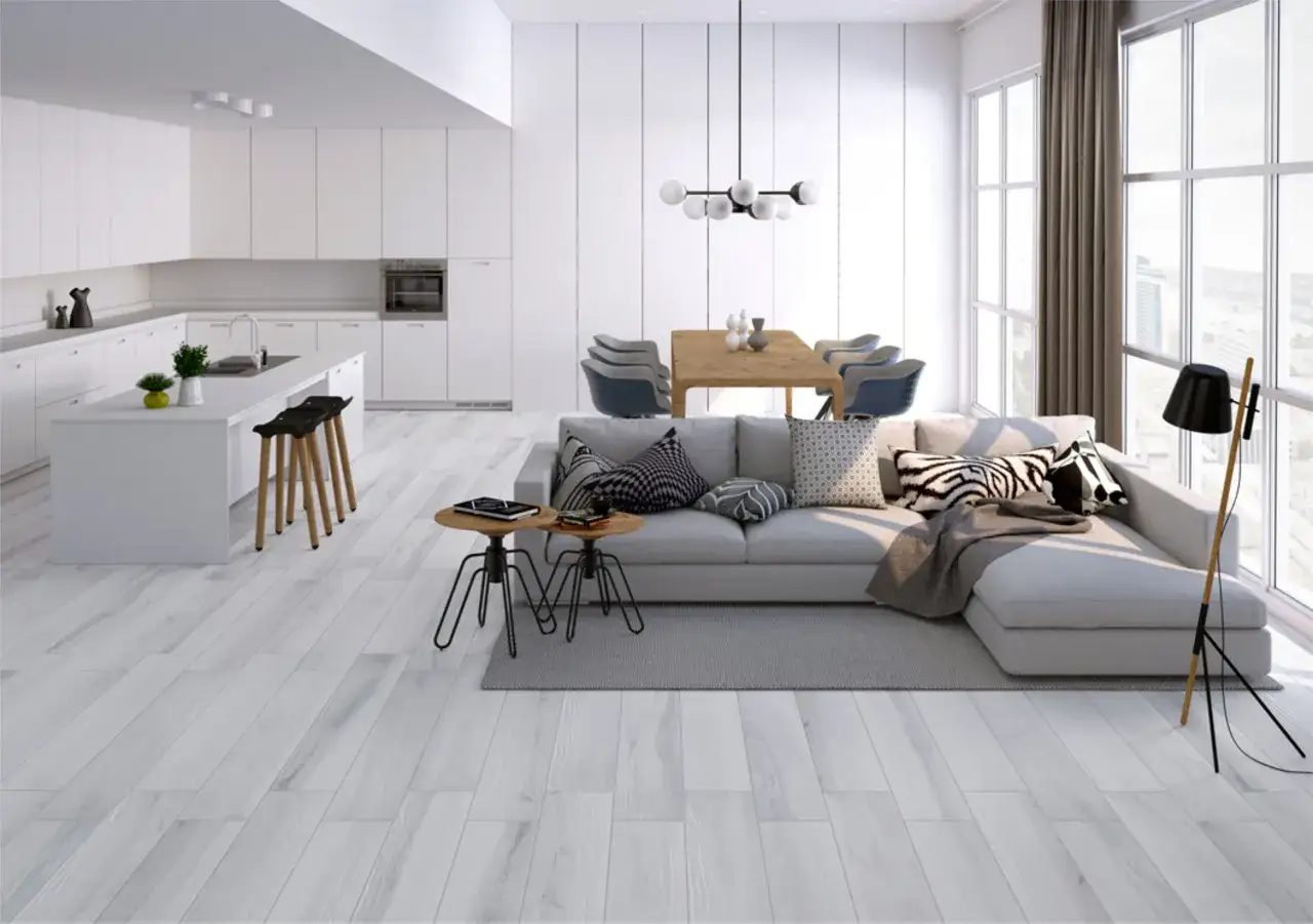 szare płytki i białe listwy styl skandynawski