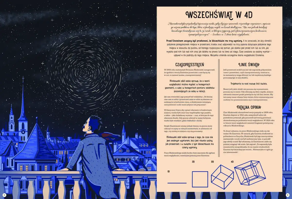 Mężczyzna patrzy na nocne niebo, gdzie wirują gwiazdy. To wizualizacja tego, co odkrył Albert Einstein: czasoprzestrzeń.