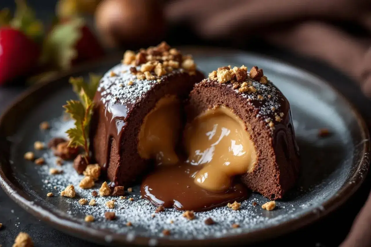 Fondant au chocolat cœur coulant sur assiette avec boule de glace vanille