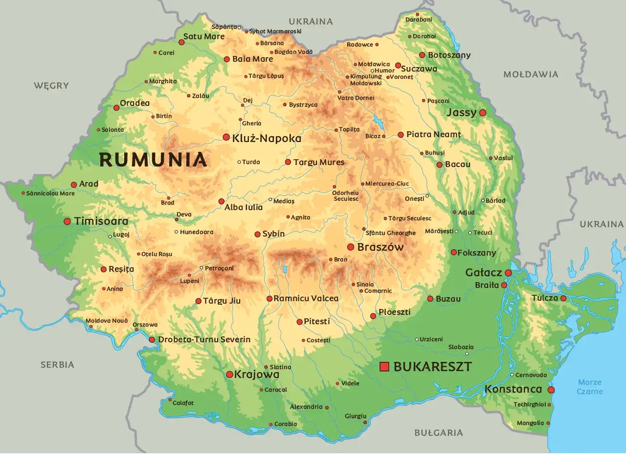 Mapa Rumunii z zaznaczonymi miastami, w tym Bukaresztem. Pociąg do Bukaresztu może zabrać Cię przez malownicze krajobrazy.