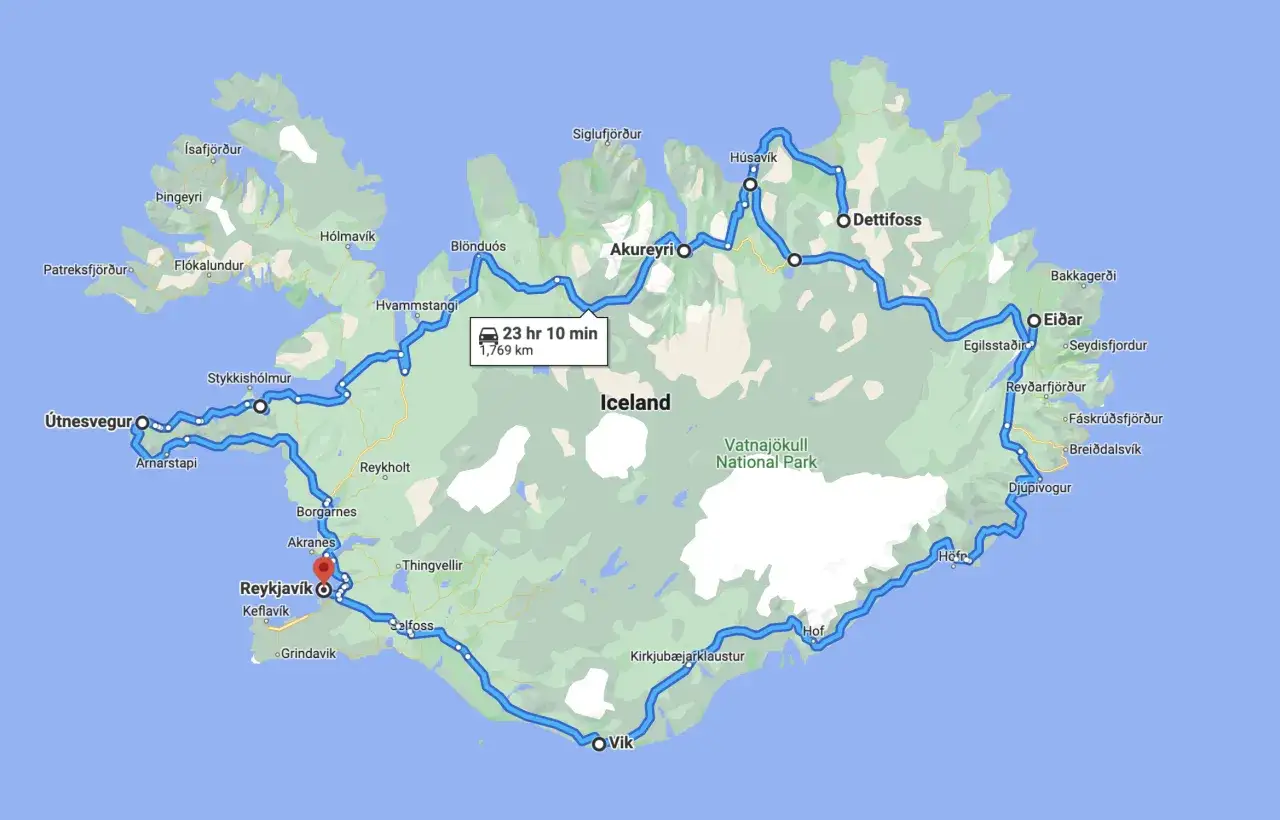 Mapa Islandii z trasą 1769 km, 23h 10min. Jak zaplanować trasę dookoła Islandii w 10 dni lista punktów: Reykjavik, Vik, Hofn, Akureyri.