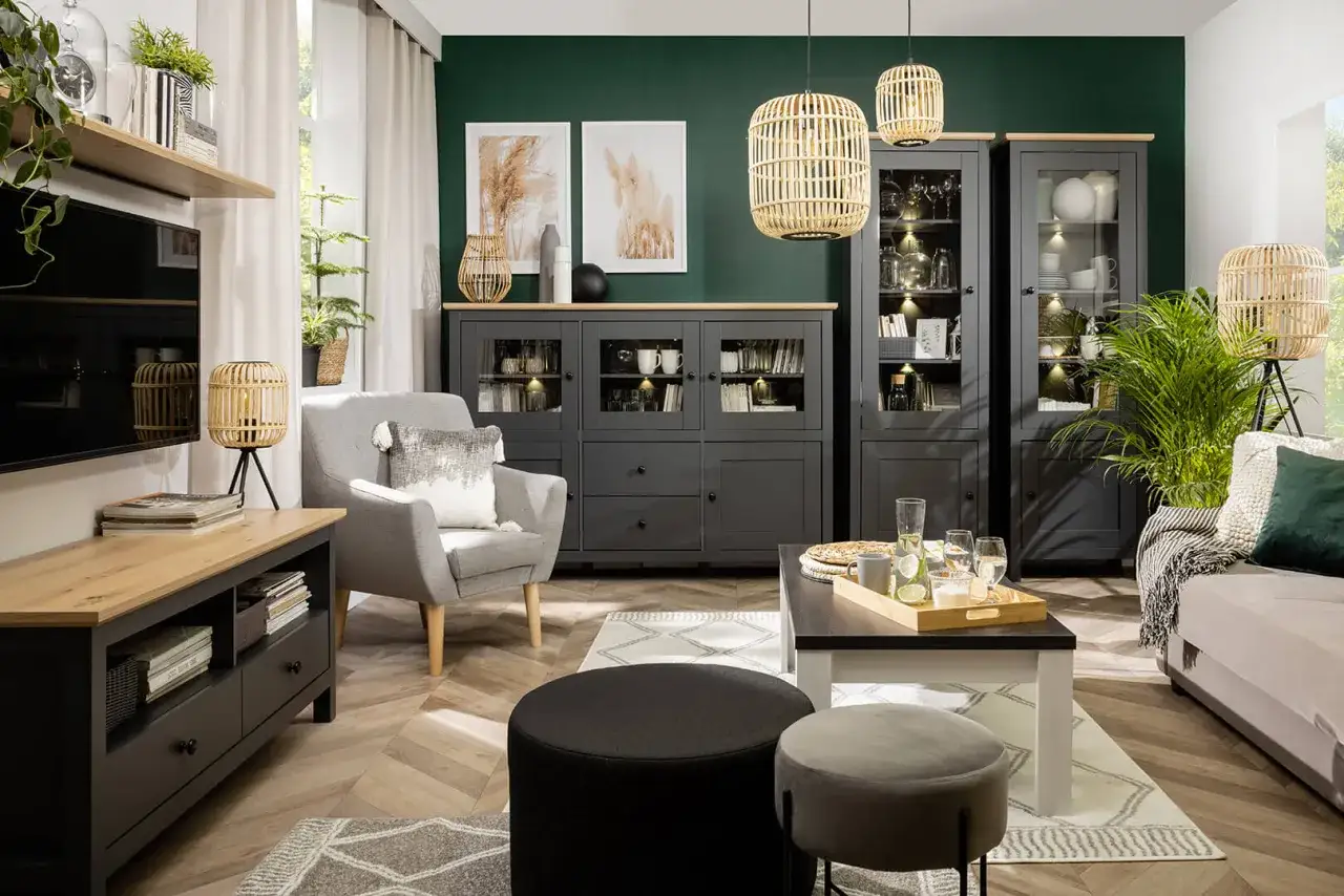 Salon butelkowa zieleń styl boho