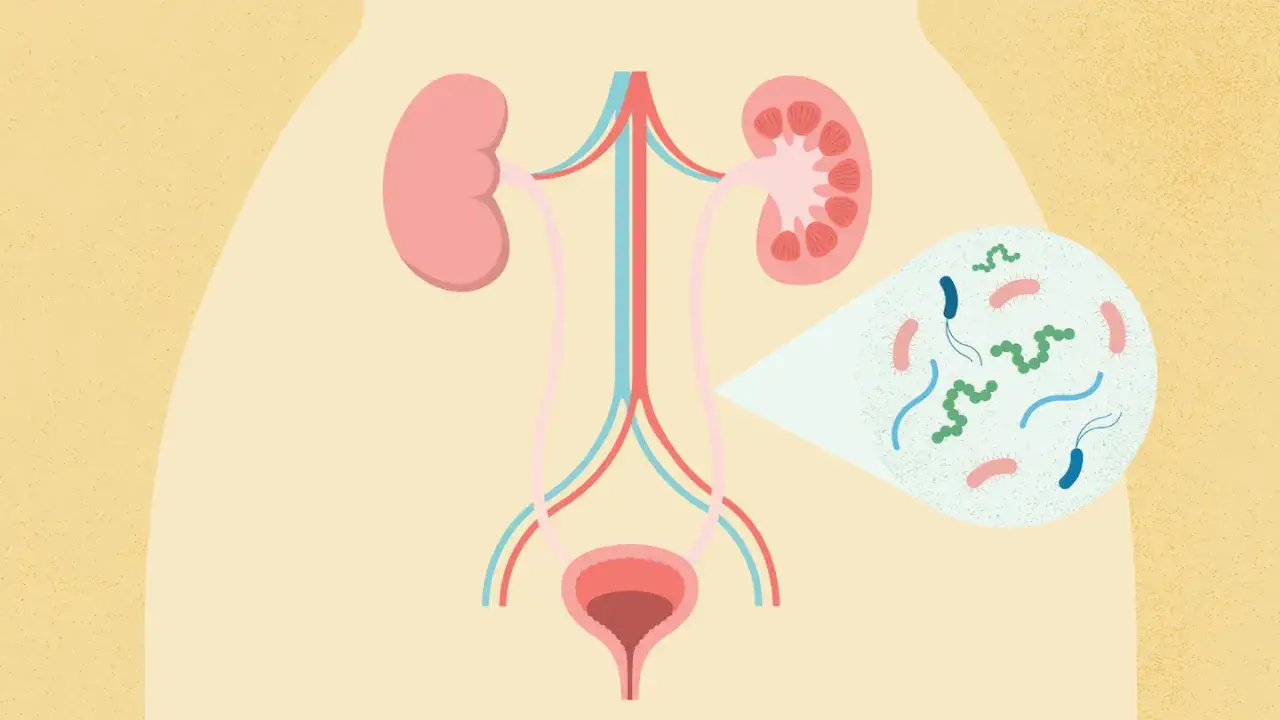 Ilustracja układu moczowego z powiększeniem na bakterie, kt&oacute;re mogą być zapalenie pęcherza przyczyny.