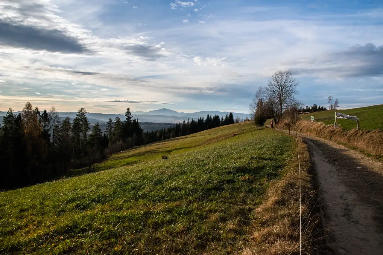 Droga do bac&oacute;wki na Beskidku, gdzie światłow&oacute;d biegnie przez zielone łąki i lasy, a w oddali majaczą g&oacute;ry.
