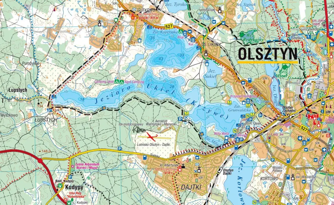 Mapa pokazuje Olsztyn i okolice. Widać Jezioro Ukiel, Jezioro Sukiel, Jezioro Długie i Jezioro Kortowskie. Ile jest jezior w Olsztynie? Mapa pokazuje kilka, ale dokładna liczba może być większa.