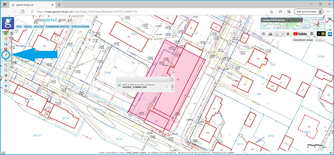 Mapa Geoportal.gov.pl z zaznaczoną działką