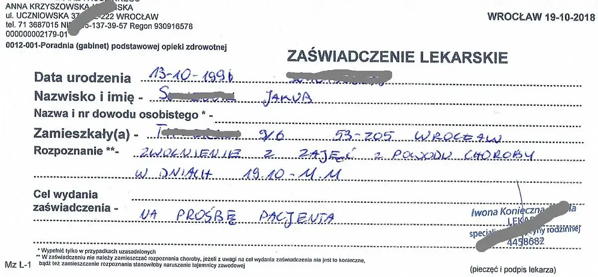 zwolnienie lekarskie L4 wzór