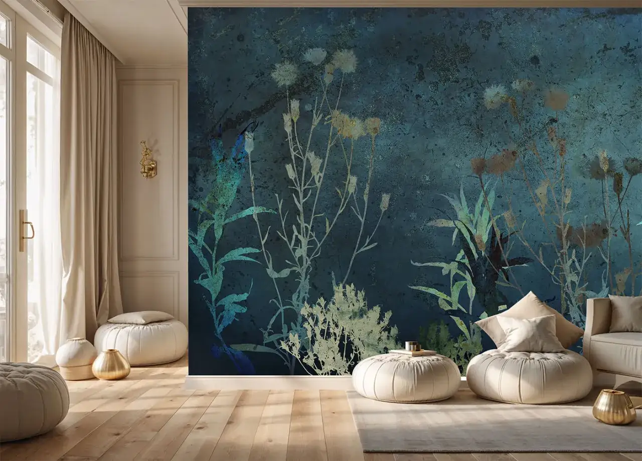 Tapeta z motywem zielonych kwiat&oacute;w na granatowym tle. Stylizowane, delikatne rośliny tworzą nastrojową kompozycję.