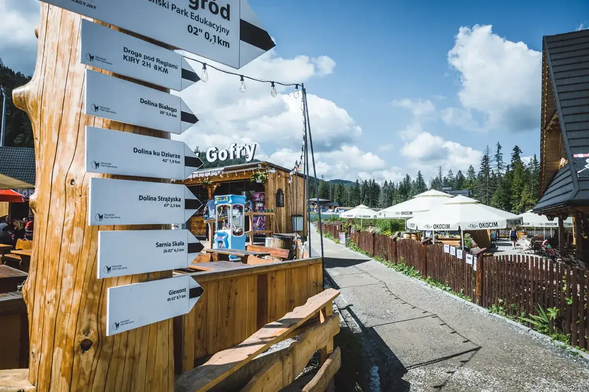 Droga pod Reglami początek. Tablice kierunkowe wskazują szlaki w Tatry. W tle karczma i ogródek piwny.