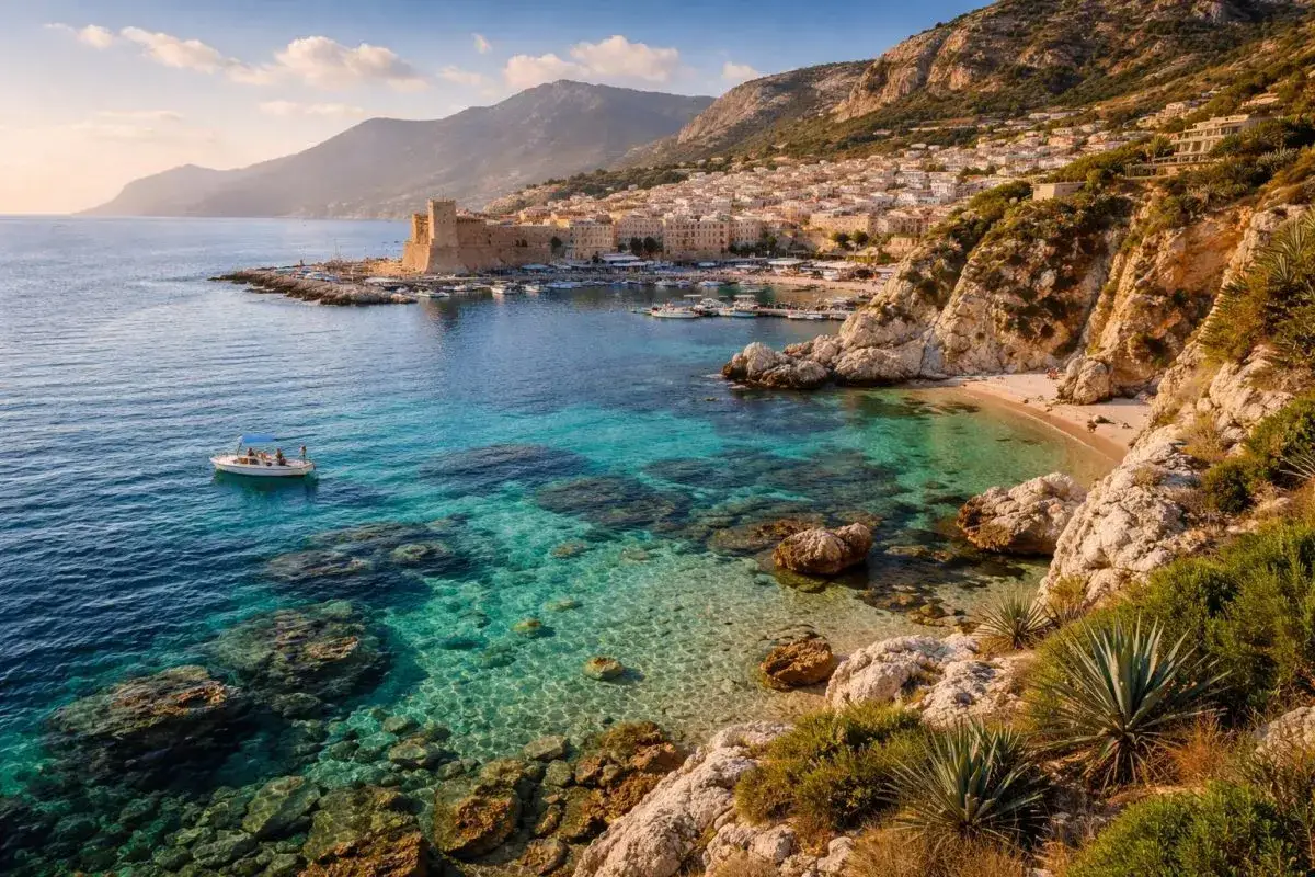 Sycylia we wrześniu: słoneczna pogoda, turkusowe morze, skaliste wybrzeże z zamkiem i miasteczkiem. Idealne warunki na rejs łodzią.