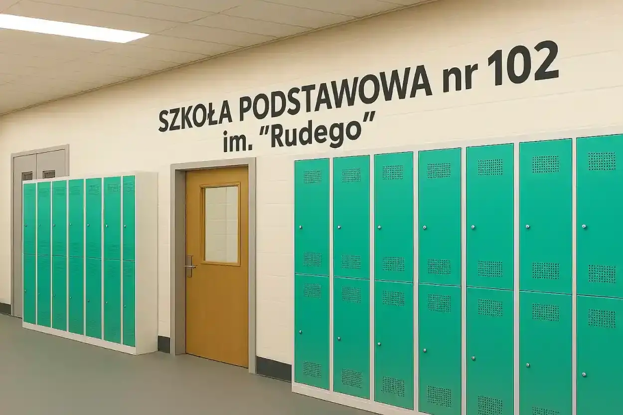Zielone szafki w szkole podstawowej nr 102 im. 