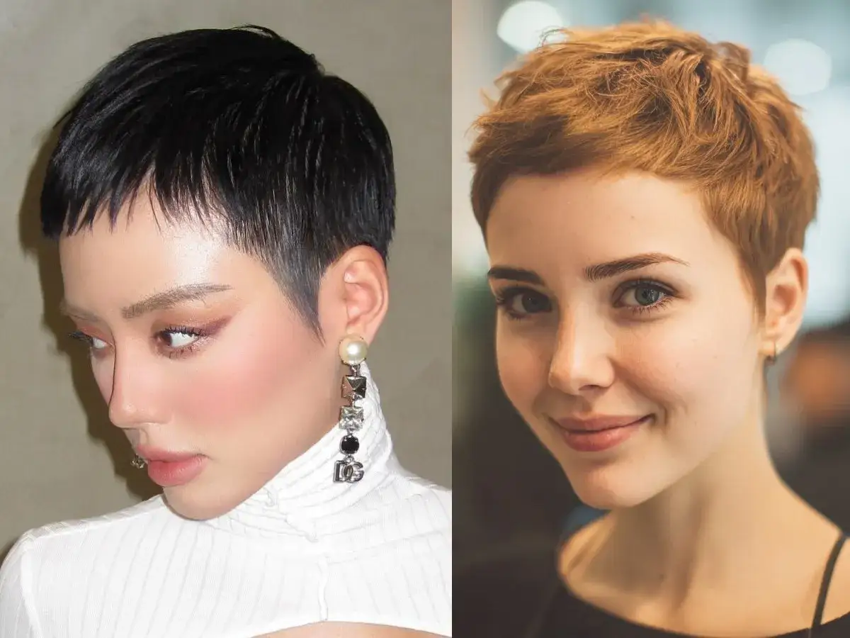 Dwie kobiety z odważnym pixie cut. Jedna z czarnymi włosami i wyrazistym makijażem, druga z rudymi i uśmiechem.