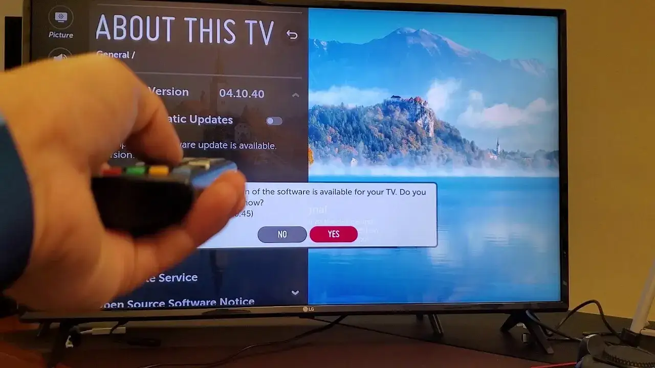 LG TV system update screen, webOS settings update