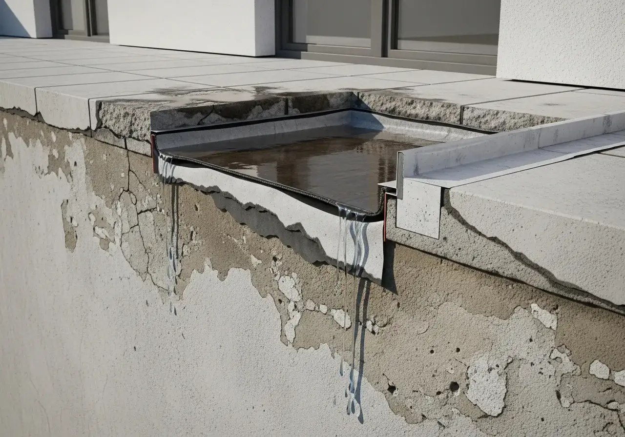 Przekrój balkonu pokazujący, czym uszczelnić balkon. Woda gromadzi się na warstwie izolacyjnej, która zapobiega przeciekaniu.