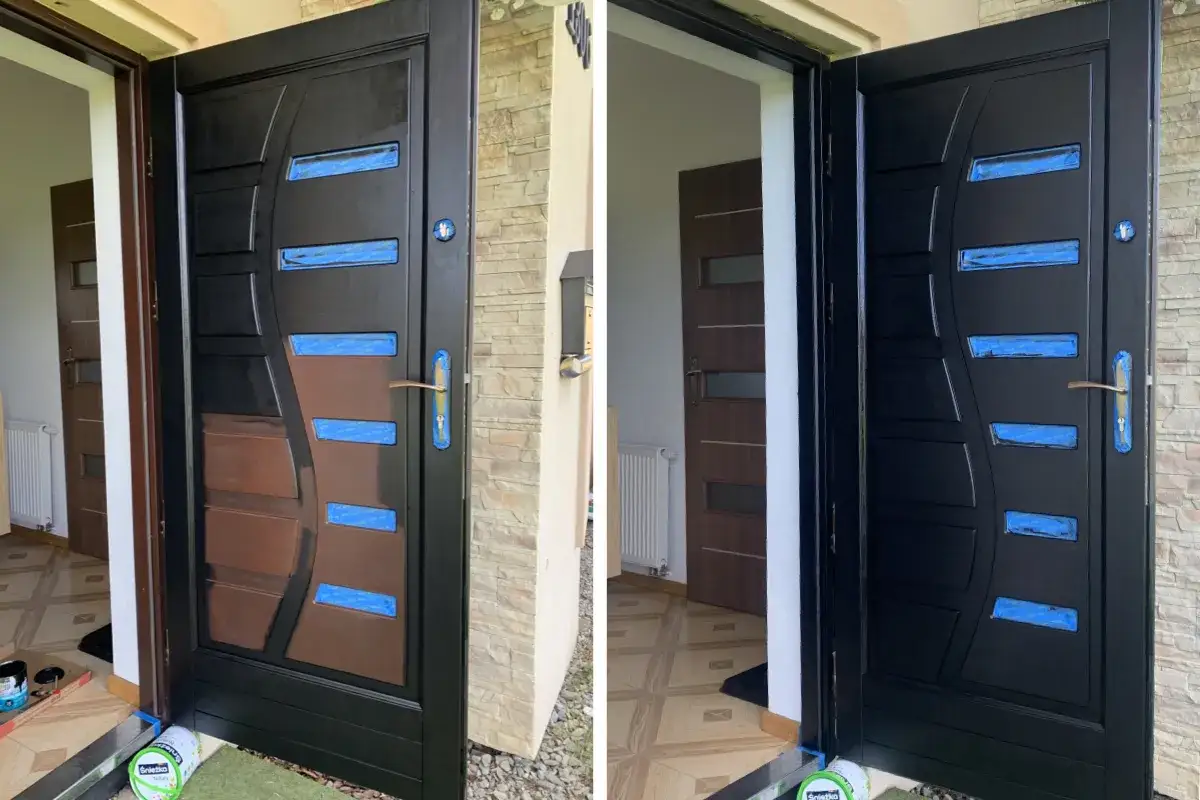 Przed i po malowaniu drzwi zewnętrznych. Widać, jak pomalować drzwi zewnętrzne, by nadać im nowy wygląd.