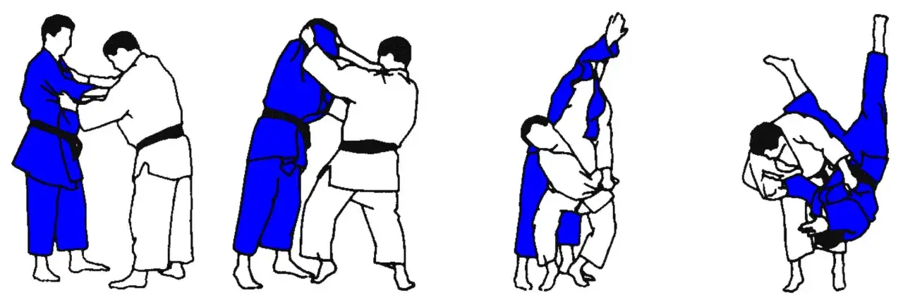 Ilustracje technik judo: chwyty, rzuty i techniki kończące. Jeden z zawodnik&oacute;w ma ż&oacute;łty pas judo.