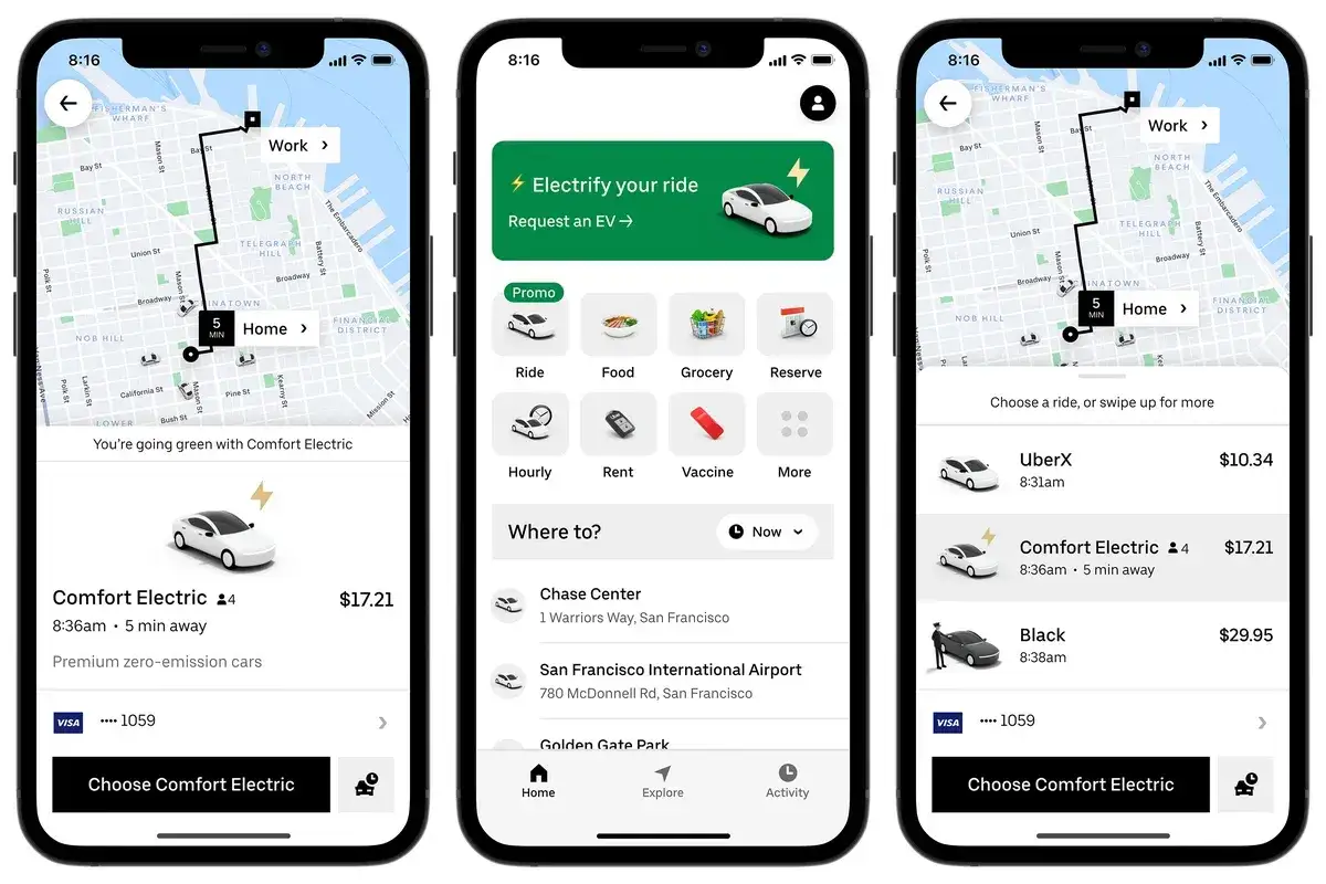 Aplikacja Uber pokazuje opcje przejazdu, w tym 