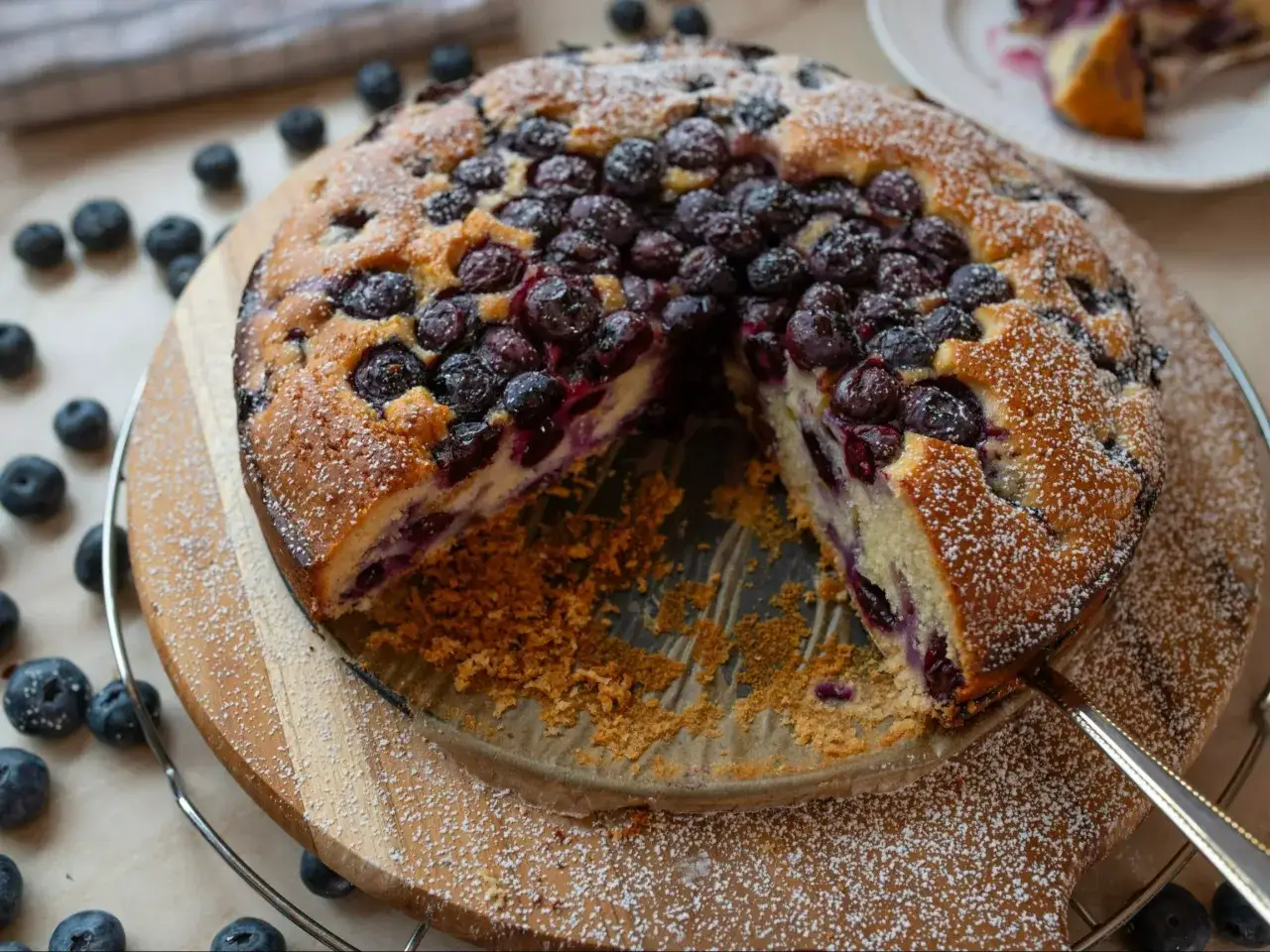 Ciasto z jagodami, które pokazuje, co można zrobić z jogurtów owocowych. Posypane cukrem pudrem, z widocznym kawałkiem ciasta na talerzyku.