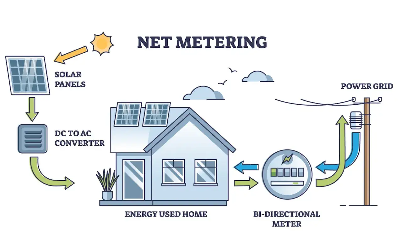 Schemat net metering: panele słoneczne produkują prąd, który zasila dom lub trafia do sieci. To inteligentny bank energii do domu.