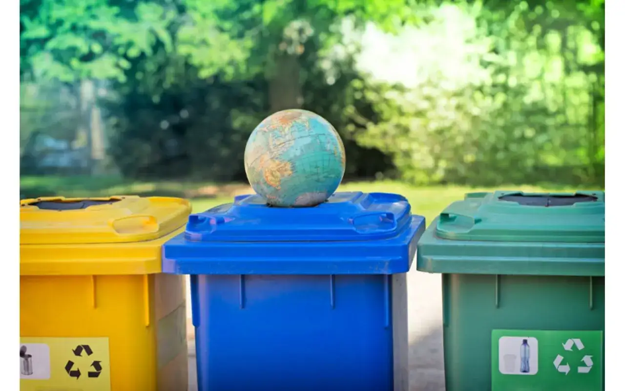 Ziemia na niebieskim koszu. Pytanie: gdzie wyrzucić stare farby? Pamiętaj o segregacji odpadów dla dobra planety.