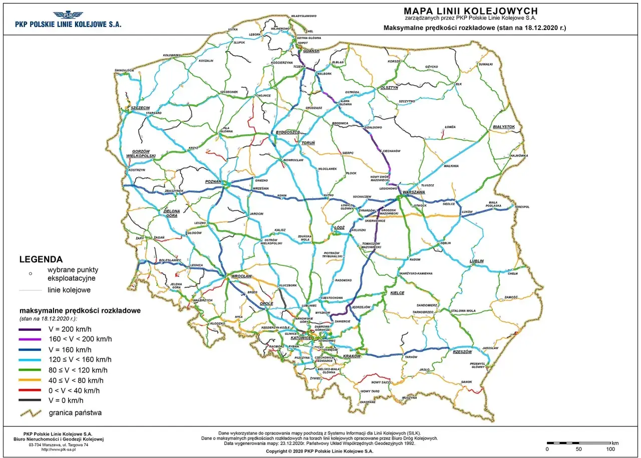 Mapa kolejowa PKP z zaznaczonymi maksymalnymi prędkościami. Widoczne połączenia między miastami, w tym trasa Kielce-Kraków.